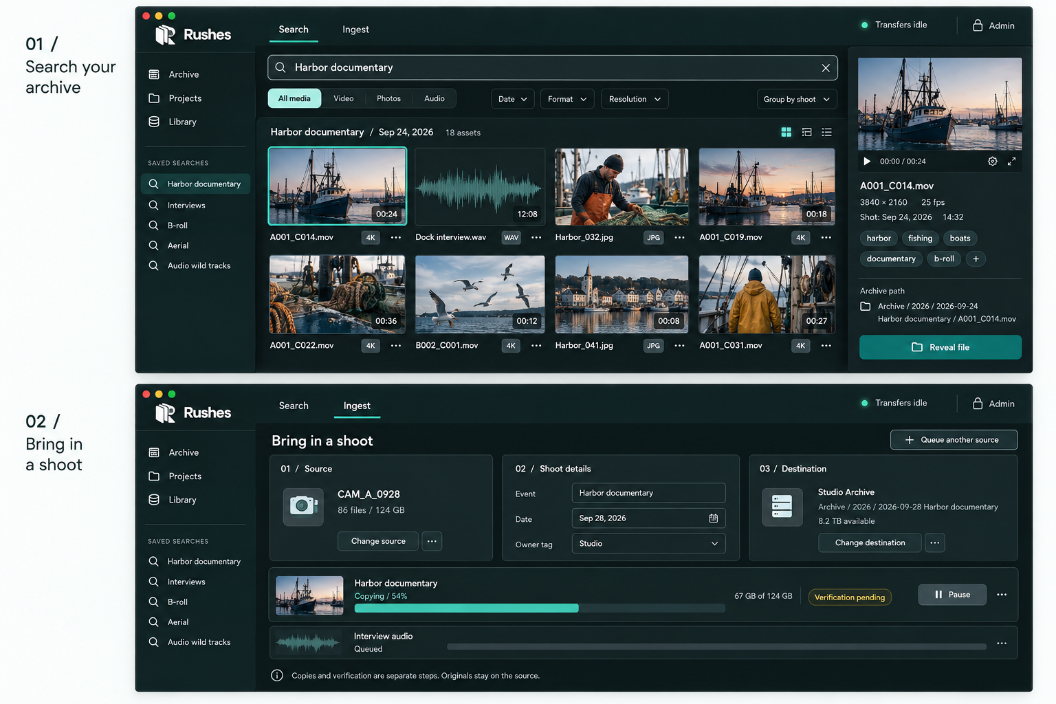 Search concept: harbor documentary media grouped by shoot, with filters, thumbnails, and a selected clip's details